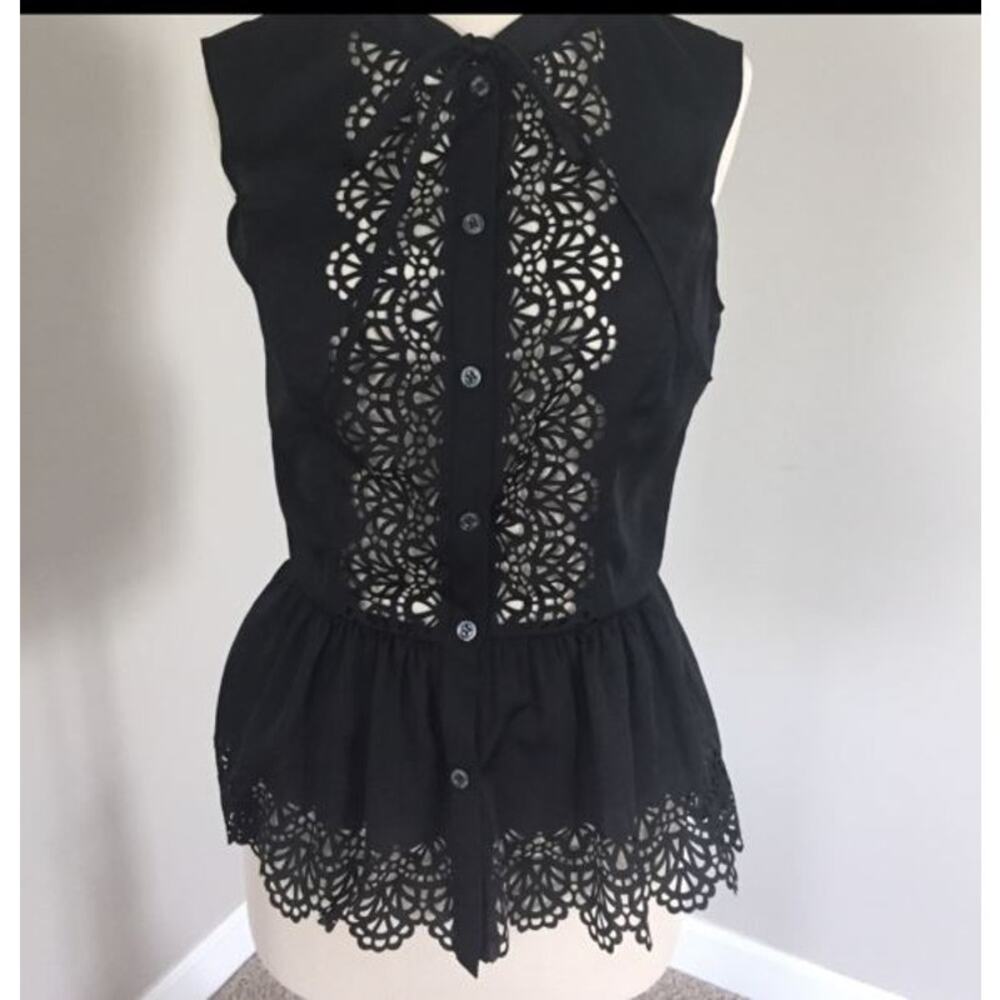 Temperley London Women's Black Jacques Tie Button Front Blouse Top 12 Eyelet - Picture 2 of 13